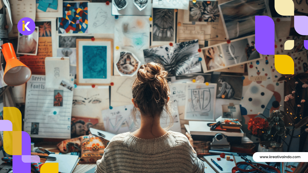 Moodboard desain brand berisi elemen warna, tipografi, dan gaya visual